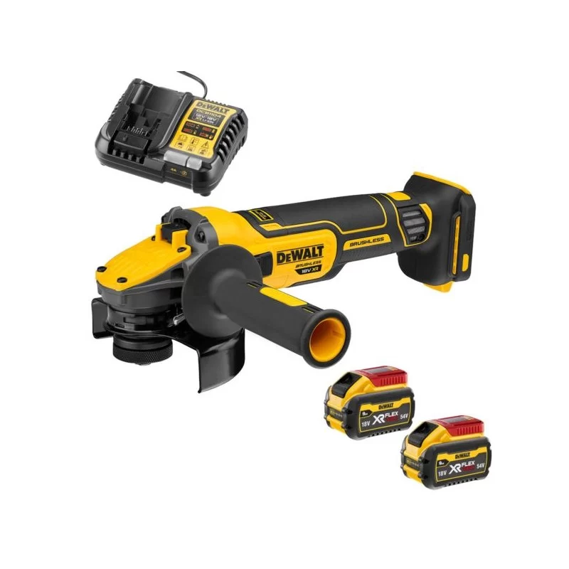 Akumulatorowa szlifierka kątowa DeWALT DCG409N + zestaw zasilający DCB1104X2, 125 mm 9000 obr./min. hamulec