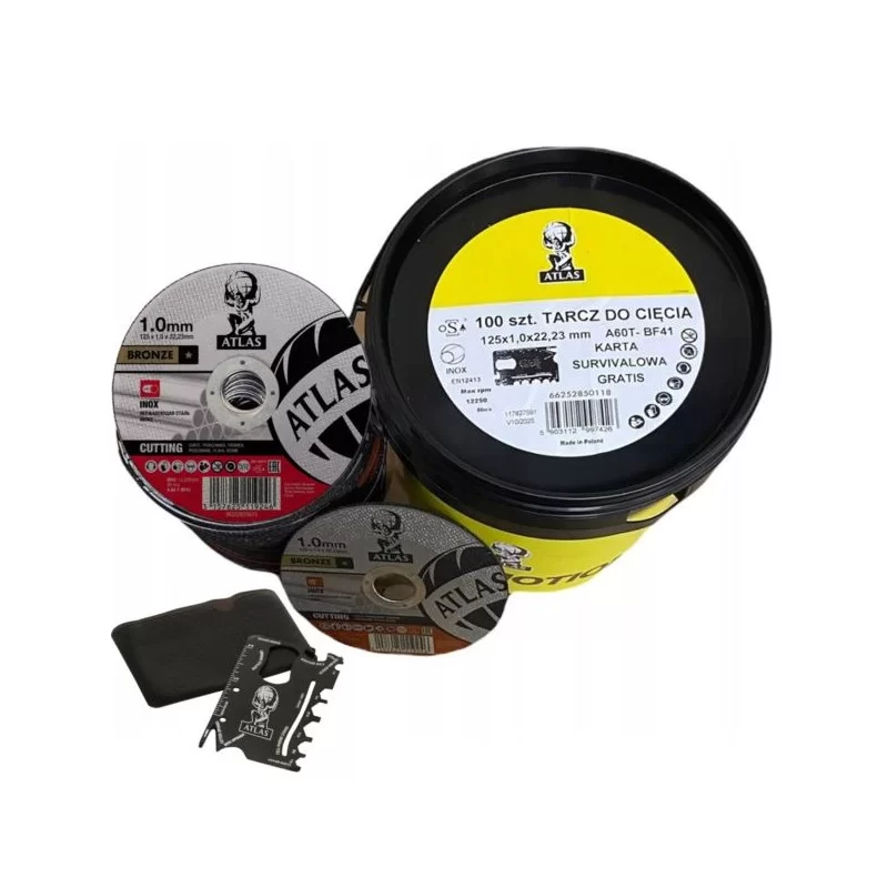Tarcza do metalu Atlas 850118 125x1,0 mm INOX 100 szt., karta survivalowa