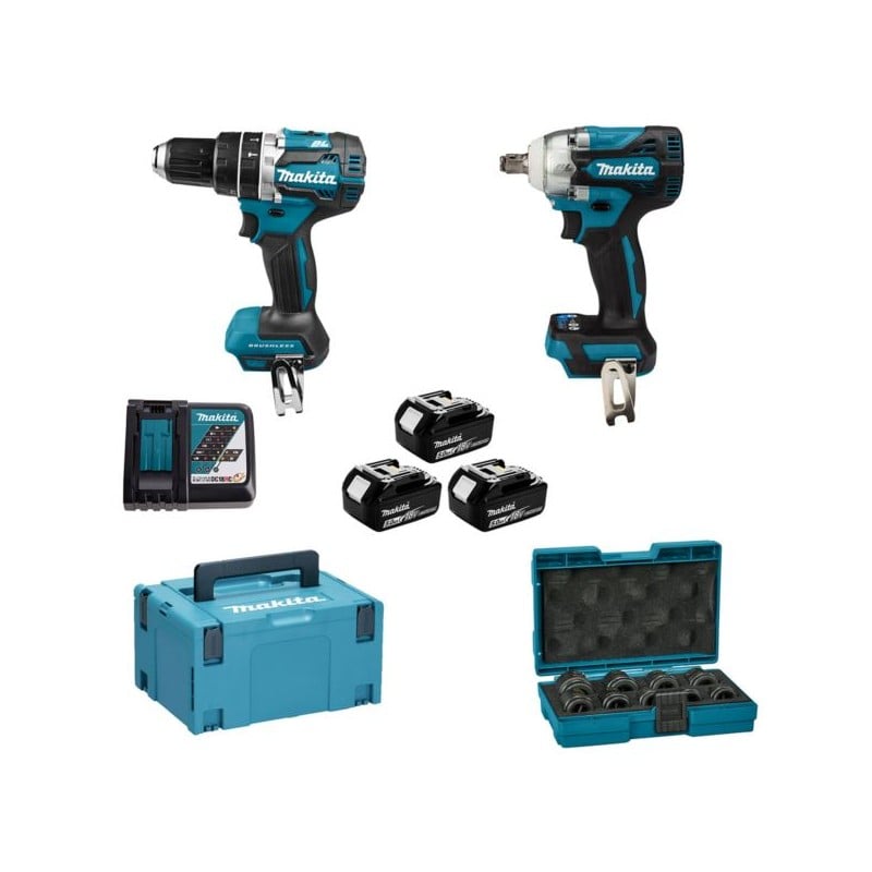 Zestaw COMBO Makita DLX2359TJ1: wkrętarka DHP484, klucz udarowy DTW300 + 3x5Ah, ładowarka + walizka + zestaw nasadek udarowych