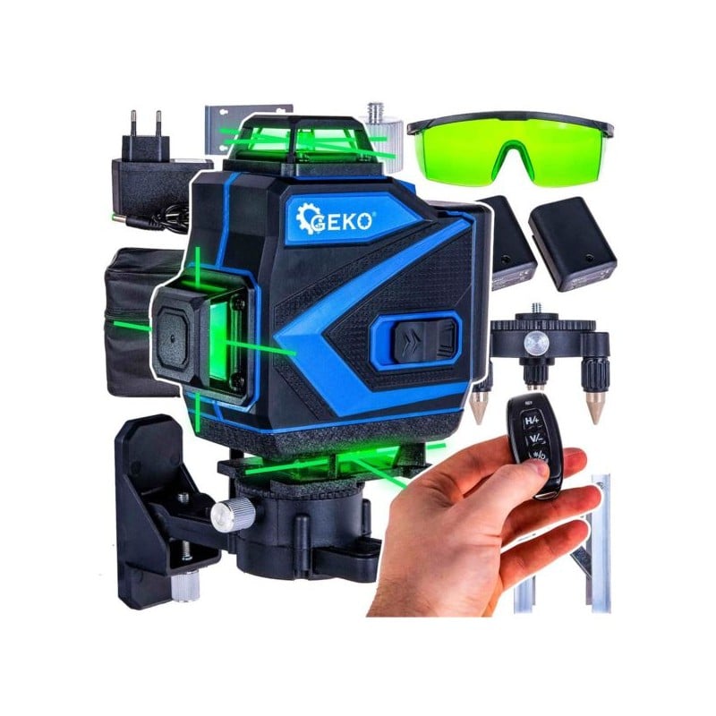 Laser krzyżowy GEKO G03307 zielony 40m 360° 4D 2x3,7V akcesoria torba