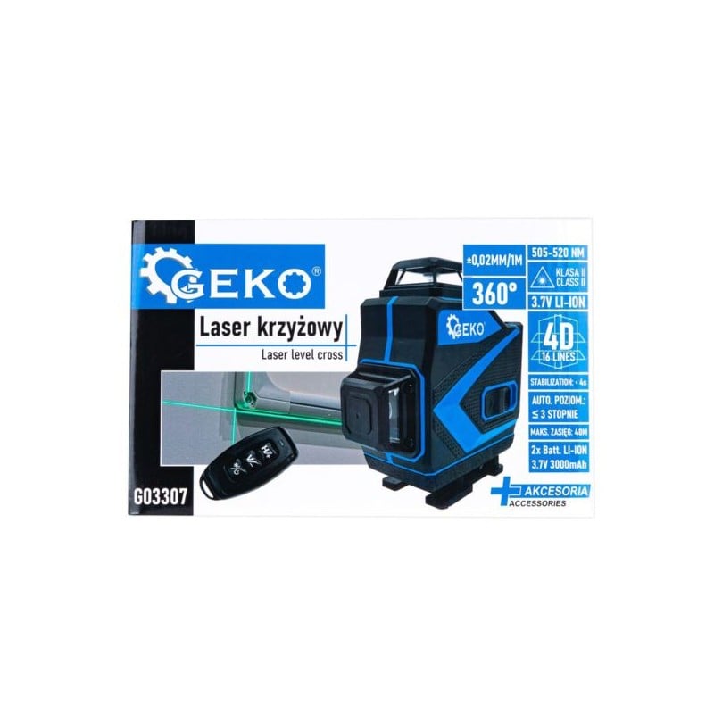Laser krzyżowy GEKO G03307 zielony 40m 360° 4D 2x3,7V akcesoria torba