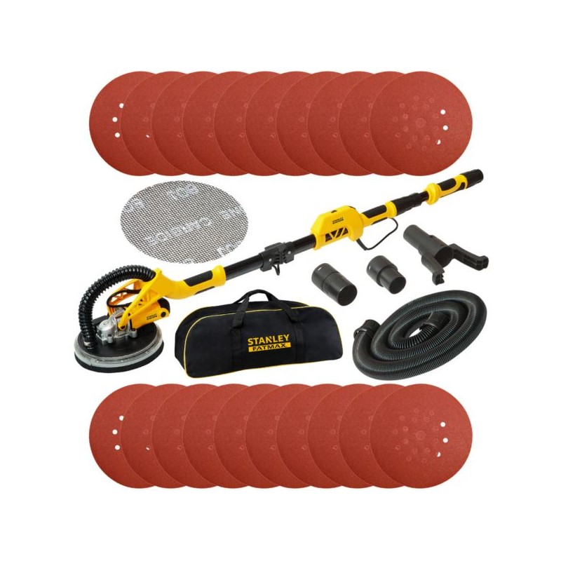 Szlifierka do gipsu ścian i sufitów Stanley FATMAX SFMEE500S 230V 750W 225mm zasięg 1,25-1,8m + zestaw 30 krążków z rzepem 225mm