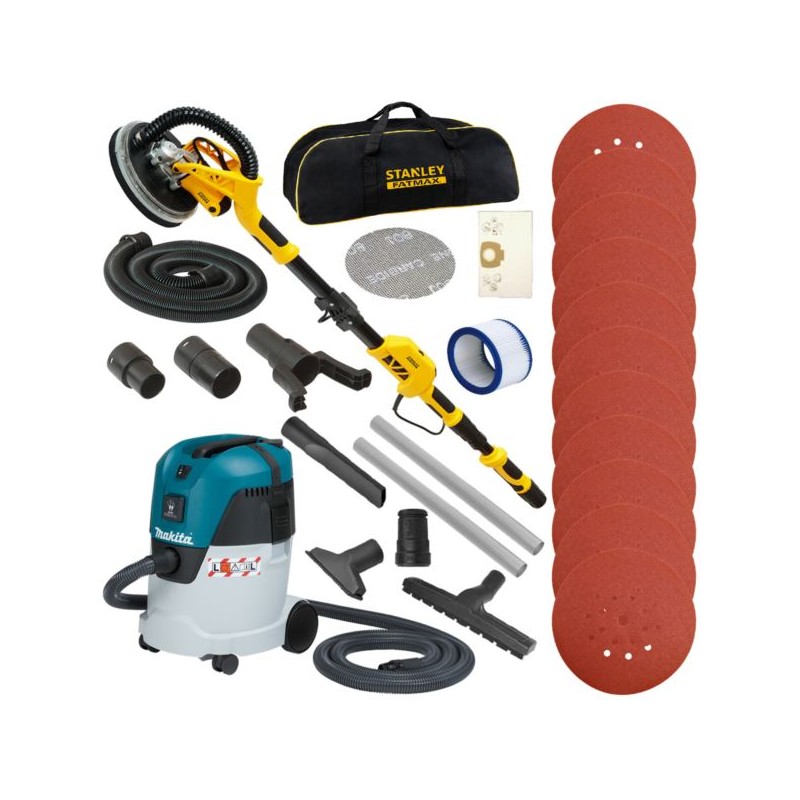 Zestaw szlifierka do gipsu Stanley FATMAX SFMEE500S 750W 225mm + odkurzacz Makita VC2512L 1000W klasa L 25l + 30 krążków 225mm