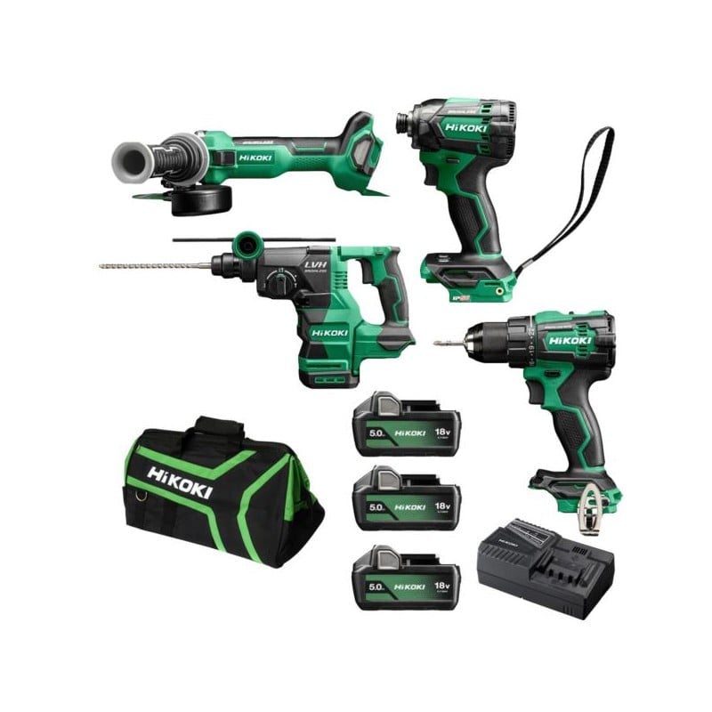 COMBO HiKOKI KC18DE WHZ wkrętarka DS18DE, zakrętarka WH18DC, szlifierka G1813DA, młotowiertarka DH1826DA + 3x5Ah ładowarka torba