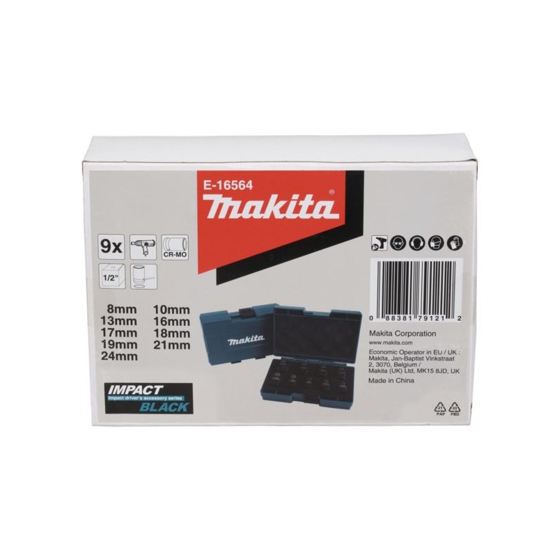 Zestaw nasadek udarowych Makita E-16564 sześciokątne 1/2’’ 8–24mm IMPACT BLACK 9 szt.