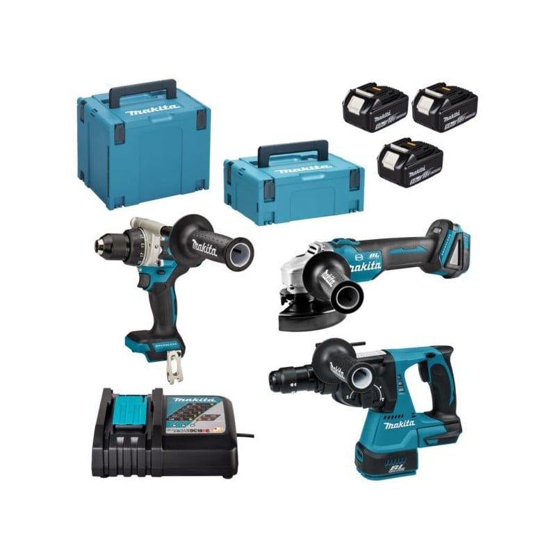 COMBO Makita DLX3157TJ: wkrętarka DDF486, młotowiertarka DHR243, szlifierka kątowa DGA506 + 3x5Ah, ładowarka + 2 walizki MakPac