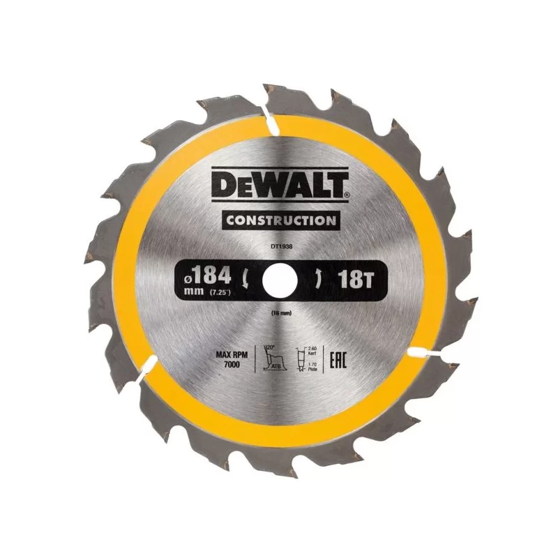 Piła tarczowa do drewna DeWALT DT1938 184x16mm 18T z widią