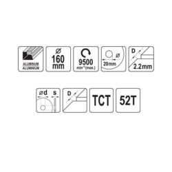 Piła tarczowa widiowa do aluminium YATO YT-60905 160x20mm 52T