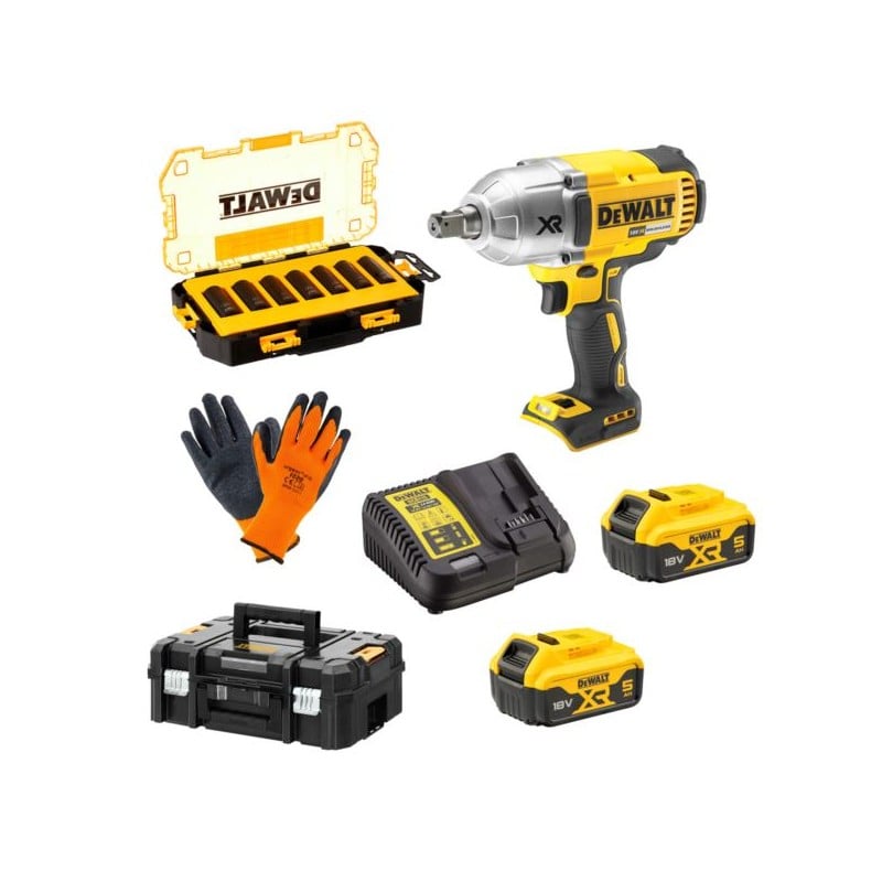 Klucz udarowy DeWALT DCF899P2 XR 18V 2x5Ah BL 950Nm 1/2'' + zestaw 7 nasadek udarowych DeWALT DWMT74737-0 rękawice walizka