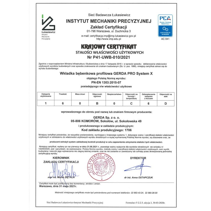 Wkładka klucz - klucz antywłamaniowa z zabierakiem 35/40 nikiel satyna PROsystem X (PSX) ATEST C KL 6.2 GERDA 5-kluczy