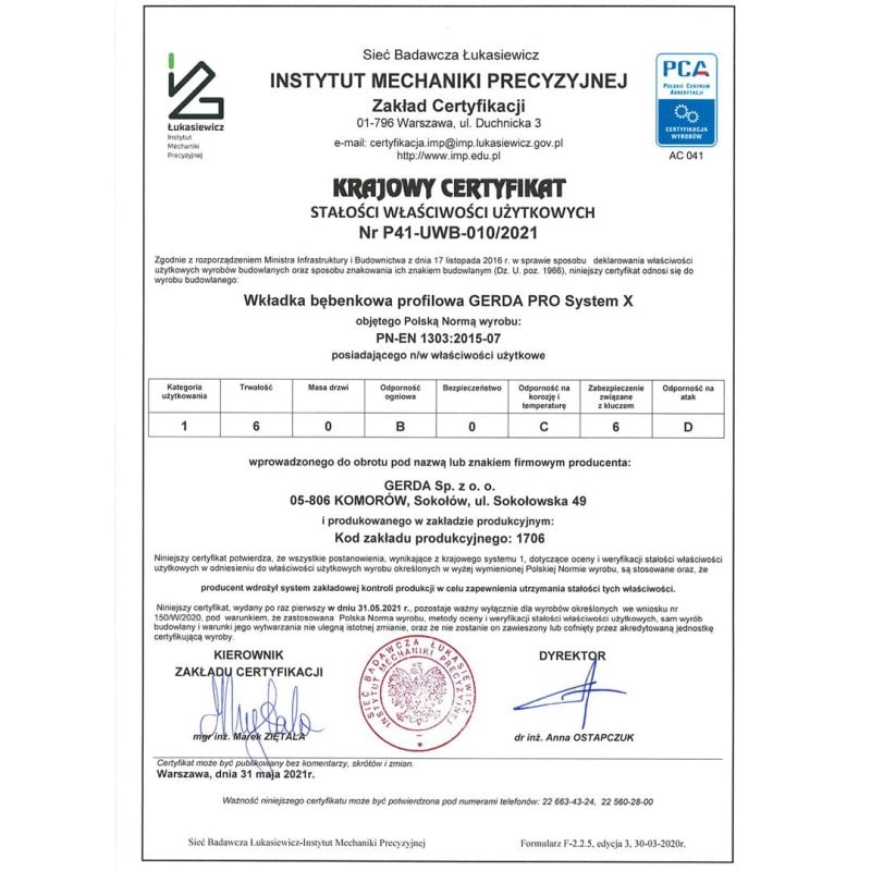 Wkładka 30/40 + wkładka z gałką 30G/40 GERDA PSX nikiel satynowy ATEST 6D