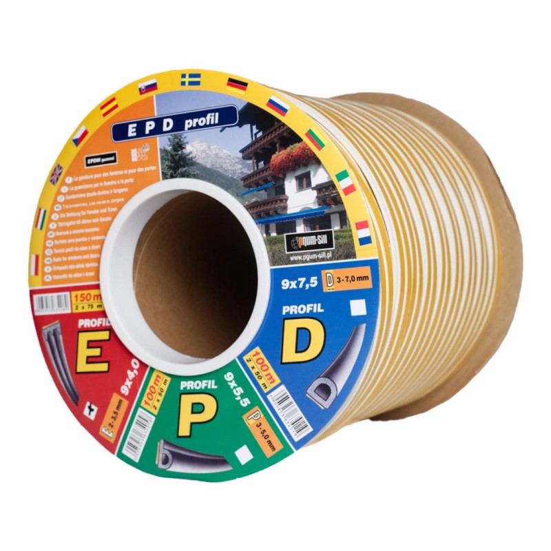 Uszczelka samoprzylepna do okien i drzwi Pgum-sill EPDM profil D 9x7,5mm biała 100m