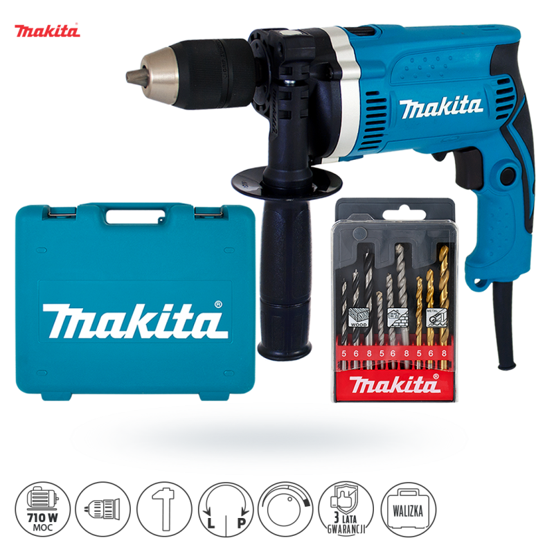 Wiertarka udarowa 710W 13mm UDAR WALIZKA + wiertła MAKITA