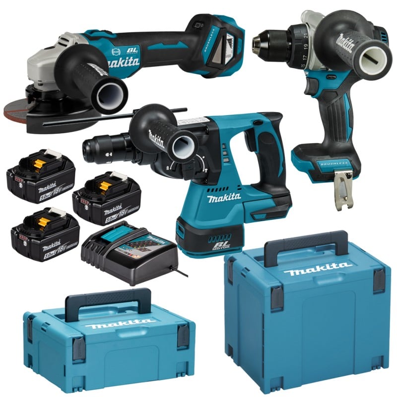 Zestaw 3 elektronarzędzi Makita DLX3202TJ 18V LXT 3x5Ah XPT – DGA506 + DDF492 + DHR243, ładowarka, 2 walizki