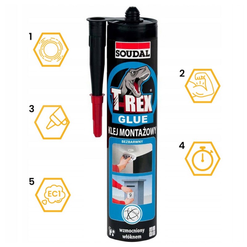 Bezbarwny wodny klej montażowy SOUDAL T-REX wysoka przyczepność 310 ml