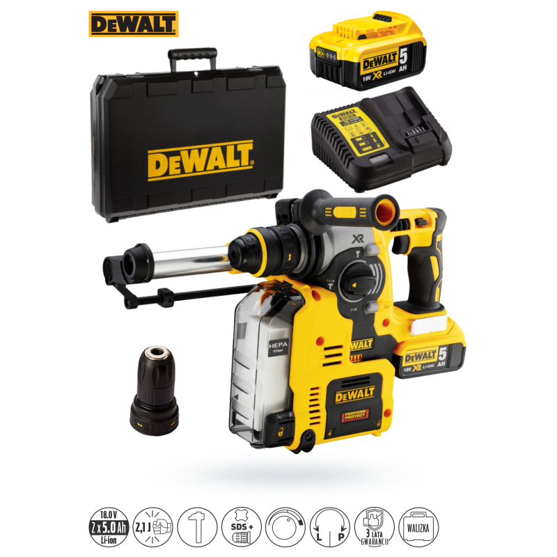 Młotowiertarka 18V 2x5Ah+odpylanie DeWalt DCH275P2