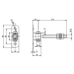 Zawias regulowany przykręcany M-12mm L-115mm z podstawą 90x30x3mm