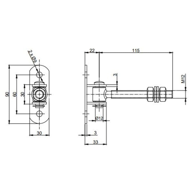 Zawias regulowany przykręcany M-12mm L-115mm z podstawą 90x30x3mm