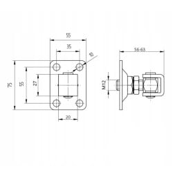 Zawias regulowany przykręcany M-12mm L-40 podstawa 75x55x2,5mm