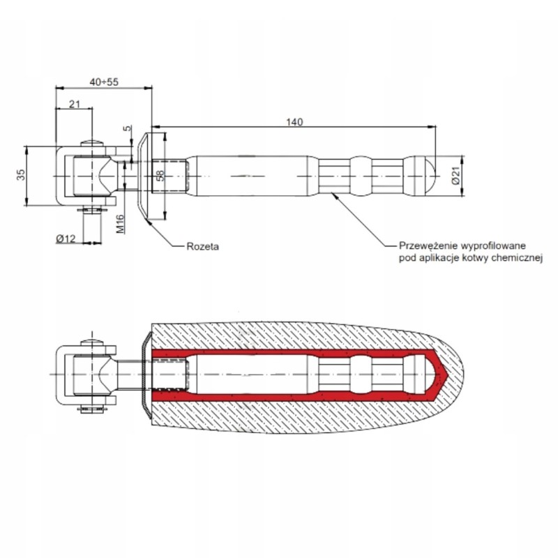 Zawias regulowany M-16mm + kotwa M16 Ø21 L-140mm rozeta
