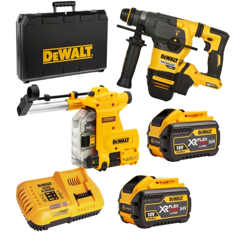 Zestaw DeWALT DCH335X2 (DCH333+2xDCB547+DCB118+D25304DH) Młotowiertarka 54V 3,5J DCH333, 2x9Ah Odsysacz pyłu Walizka