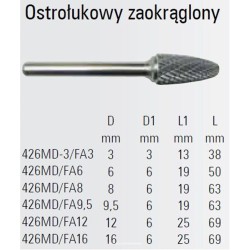 Ostrołukowy zaokrąglony pilnik obrotowy węglikowy Beta 426MD/FA12 12x25 mm, trzpień 6 mm z łamaczem wióra