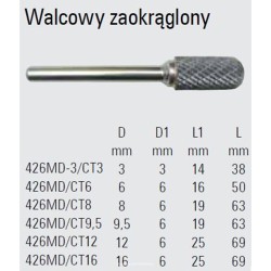 Walcowy pilnik obrotowy węglikowy Beta 426MD/CT16 16x25 mm, trzpień 6 mm z łamaczem wióra, zaokrąglony