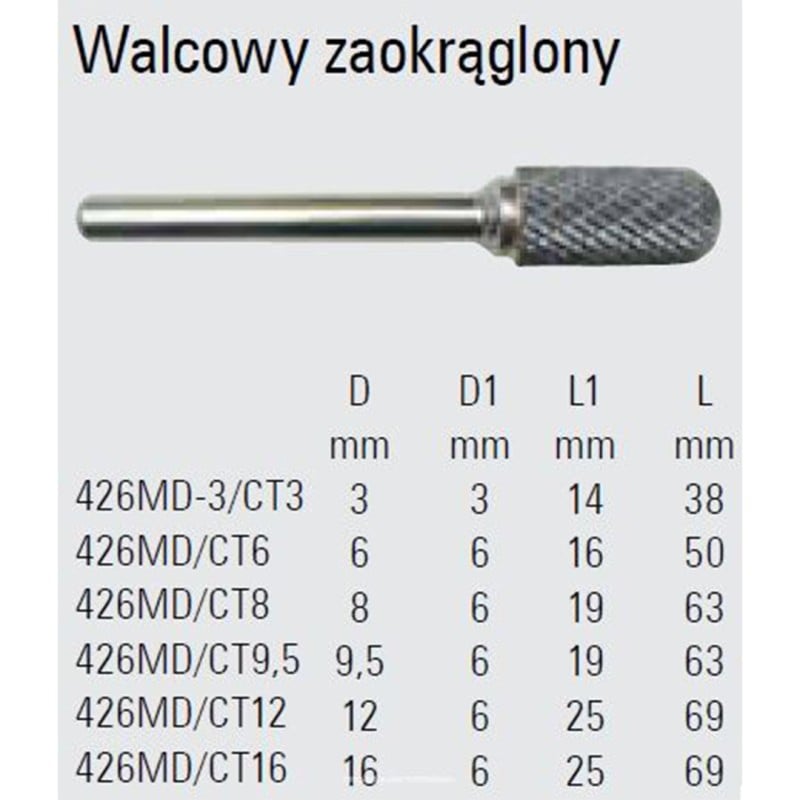 Walcowy pilnik obrotowy węglikowy Beta 426MD/CT16 16x25 mm, trzpień 6 mm z łamaczem wióra, zaokrąglony