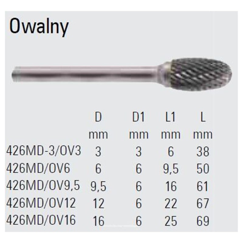 Owalny pilnik obrotowy węglikowy Beta 426MD/OV16 16x25 mm, trzpień 6 mm z łamaczem wióra