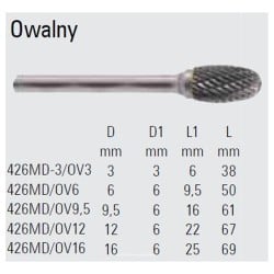 Owalny pilnik obrotowy węglikowy Beta 426MD/OV12 12x22 mm, trzpień 6 mm z łamaczem wióra
