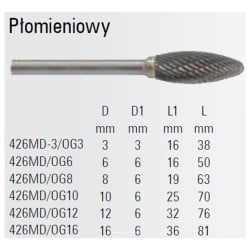 Płomieniowy pilnik obrotowy węglikowy Beta 426MD/OG16 16x36 mm, trzpień 6 mm z łamaczem wióra