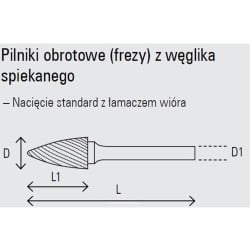 Stożkowy pilnik obrotowy węglikowy Beta 426MD/TA16 16x25 mm, trzpień 6 mm z łamaczem wióra