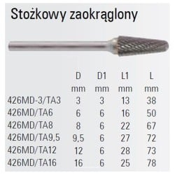 Stożkowy pilnik obrotowy węglikowy Beta 426MD/TA16 16x25 mm, trzpień 6 mm z łamaczem wióra
