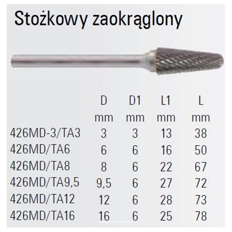 Stożkowy pilnik obrotowy węglikowy Beta 426MD/TA12 12x28 mm, trzpień 6 mm z łamaczem wióra