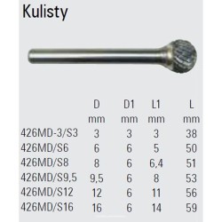 Kulisty pilnik obrotowy węglikowy Beta 426MD/S16 16x14 mm, trzpień 6 mm z łamaczem wióra