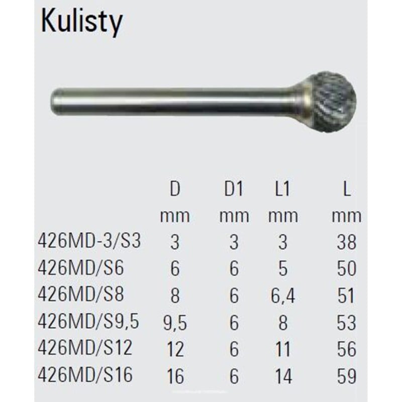 Kulisty pilnik obrotowy węglikowy Beta 426MD/S16 16x14 mm, trzpień 6 mm z łamaczem wióra