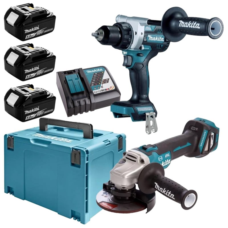 Zestaw Makita DLX2544TJ: wkrętarka DDF492 + szlifierka DGA513, 18V LXT 3x5Ah ładowarka walizka
