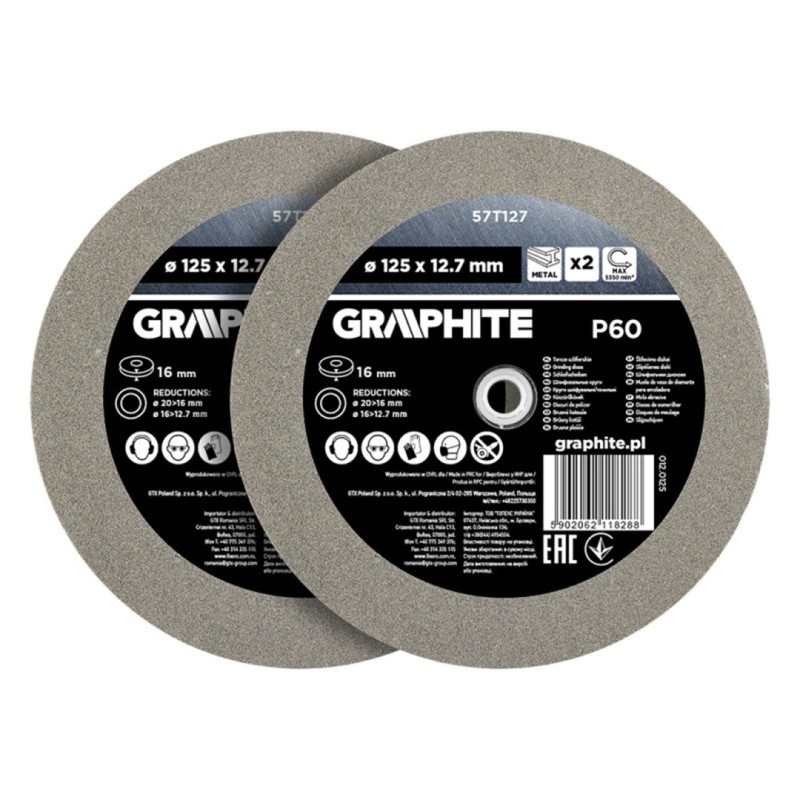 Tarcza szlifierska do metalu GRAPHITE 57T127 P60 125x16x20/12,7mm z tulejami 2szt.