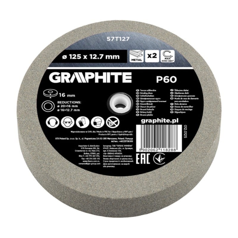 Tarcza szlifierska do metalu GRAPHITE 57T127 P60 125x16x20/12,7mm z tulejami 2szt.