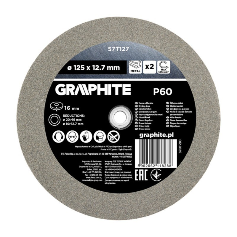 Tarcza szlifierska do metalu GRAPHITE 57T127 P60 125x16x20/12,7mm z tulejami 2szt.