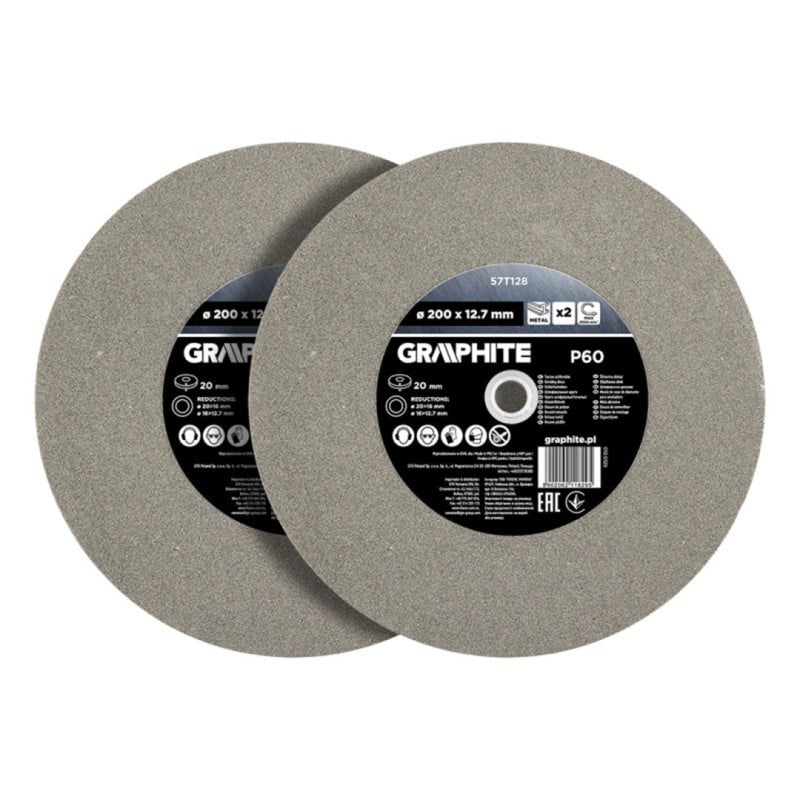 Tarcza szlifierska do metalu GRAPHITE 57T128 P60 200x20x20/12,7mm tuleje 2szt.