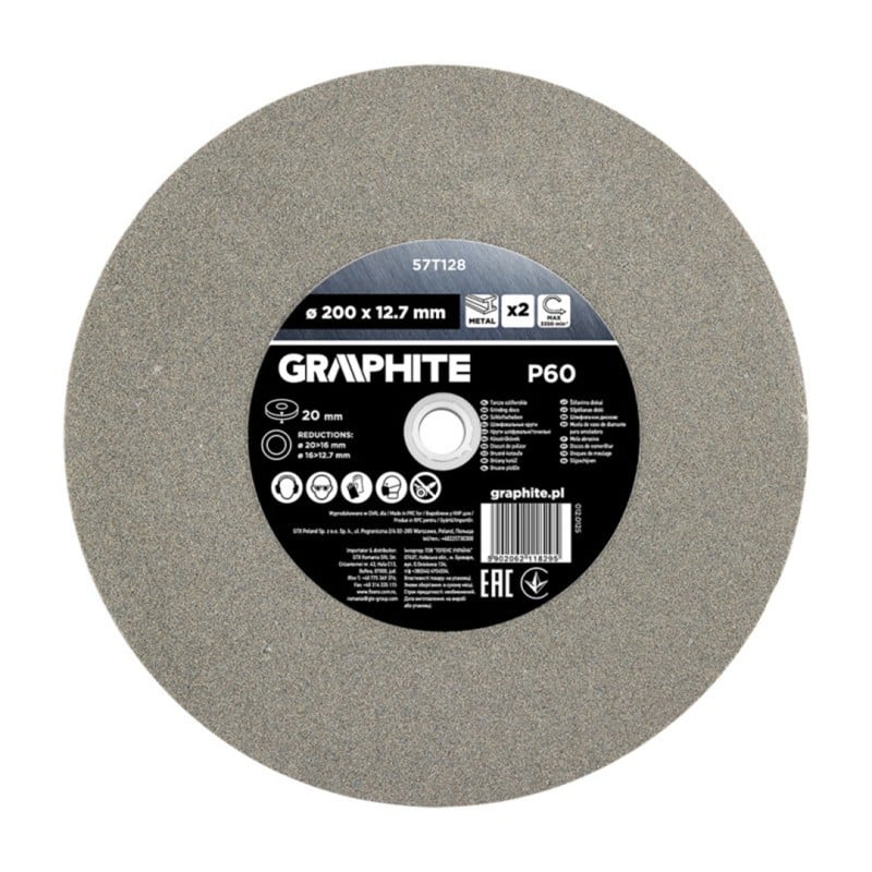 Tarcza szlifierska do metalu GRAPHITE 57T128 P60 200x20x20/12,7mm tuleje 2szt.