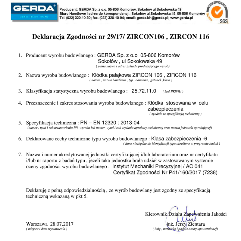 Kłódka pałąkowa GERDA ZIRCON 106 at.kl 6 C