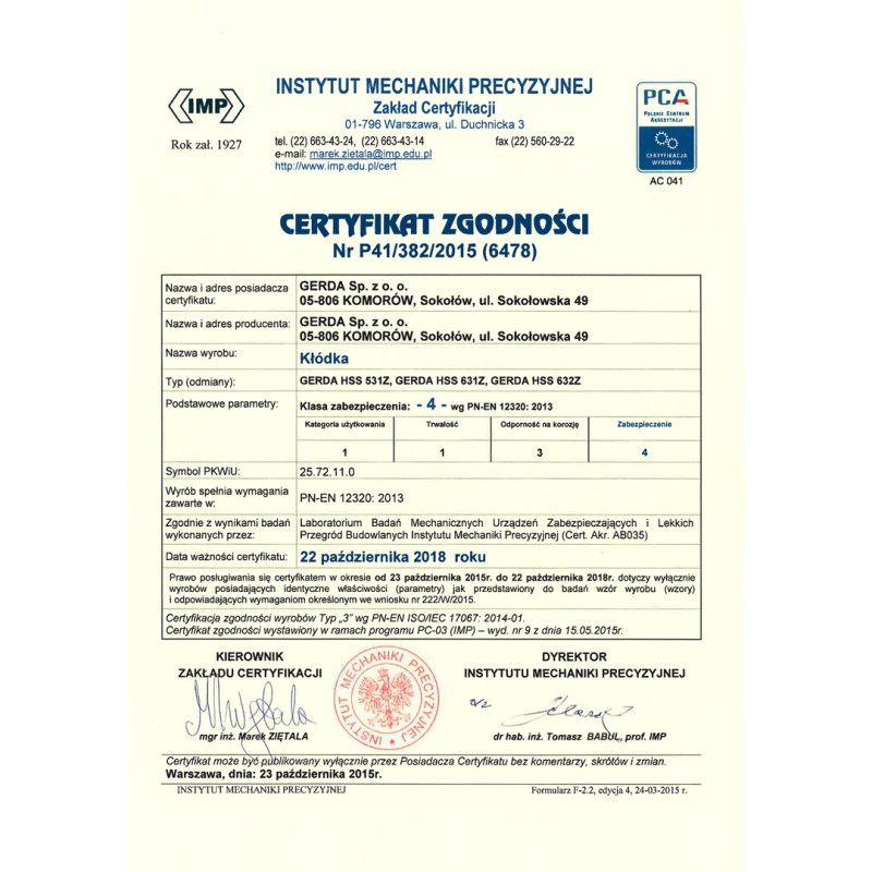 Kłódka pałąkowa GERDA HSS 632 Z at.kl 4 C chronion