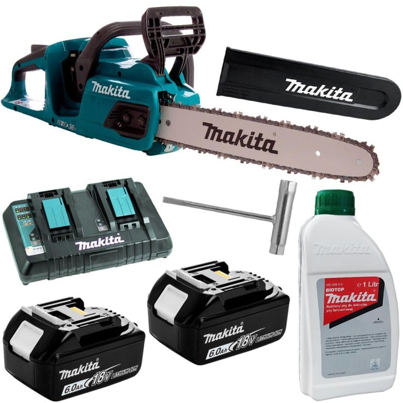 Akumulatorowa piła łańcuchowa 35cm BLDC XPT LXT 2x18V Makita DUC355Z + zestaw zasilający 2x6Ah 18V, ładowarka DC18RD + olej