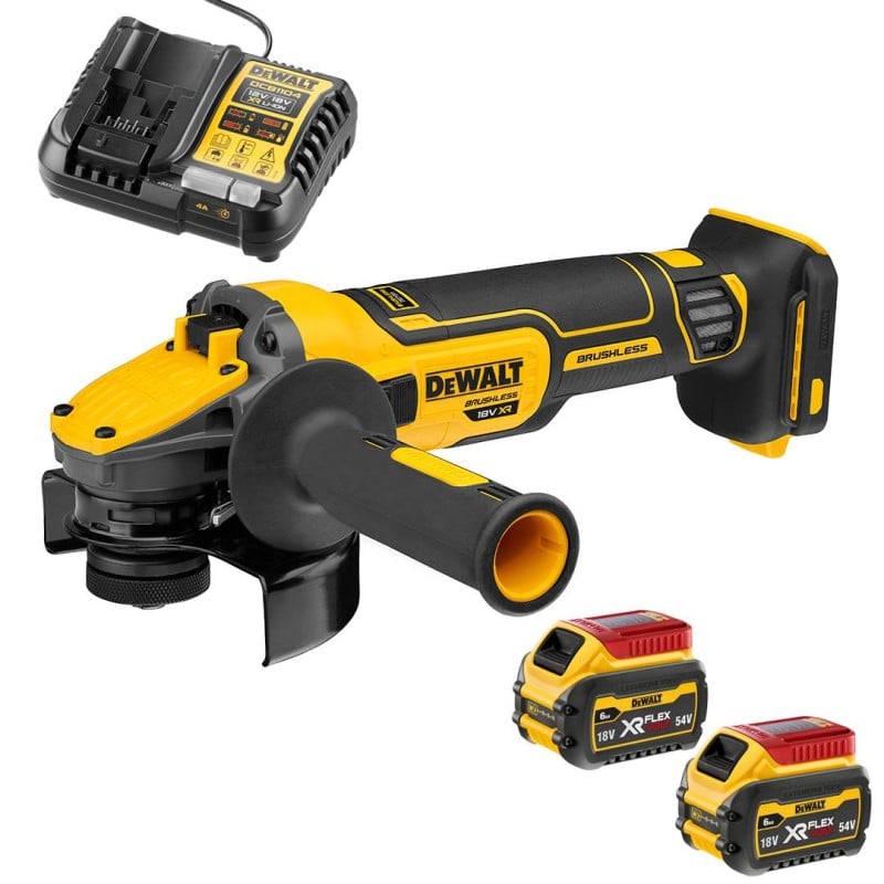 Akumulatorowa szlifierka kątowa DeWALT DCG409N + zestaw zasilający DCB1104T2, 125 mm 9000 obr./min. hamulec