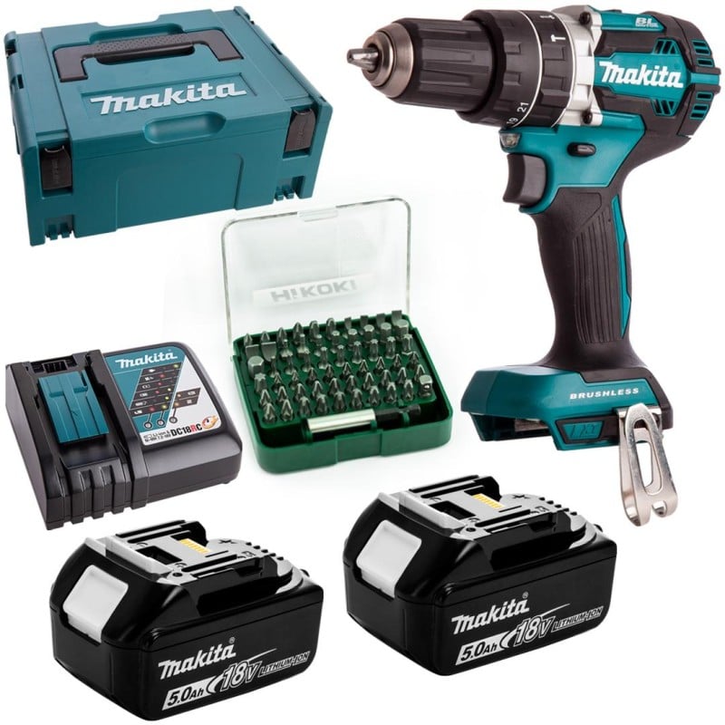 Bezszczotkowa wiertarko-wkrętarka udarowa 18V LXT 54Nm 2x5Ah Makita DHP484RTJ + zestaw bitów 61 elementów HiKOKI 715000