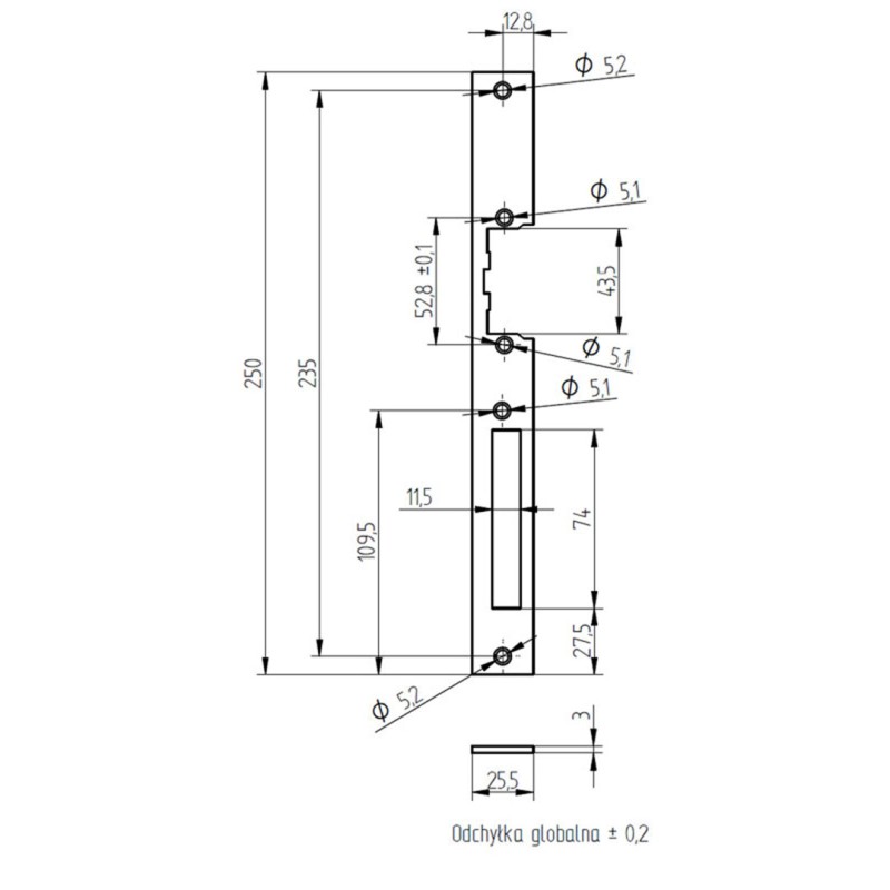 Szyld do elektrozaczepu ELEKTRA SP2501-M R3 R4 prosty długi 250mm L/P
