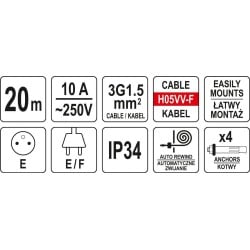 Przedłużacz elekt YATO YT-81221 20m automat zwijak