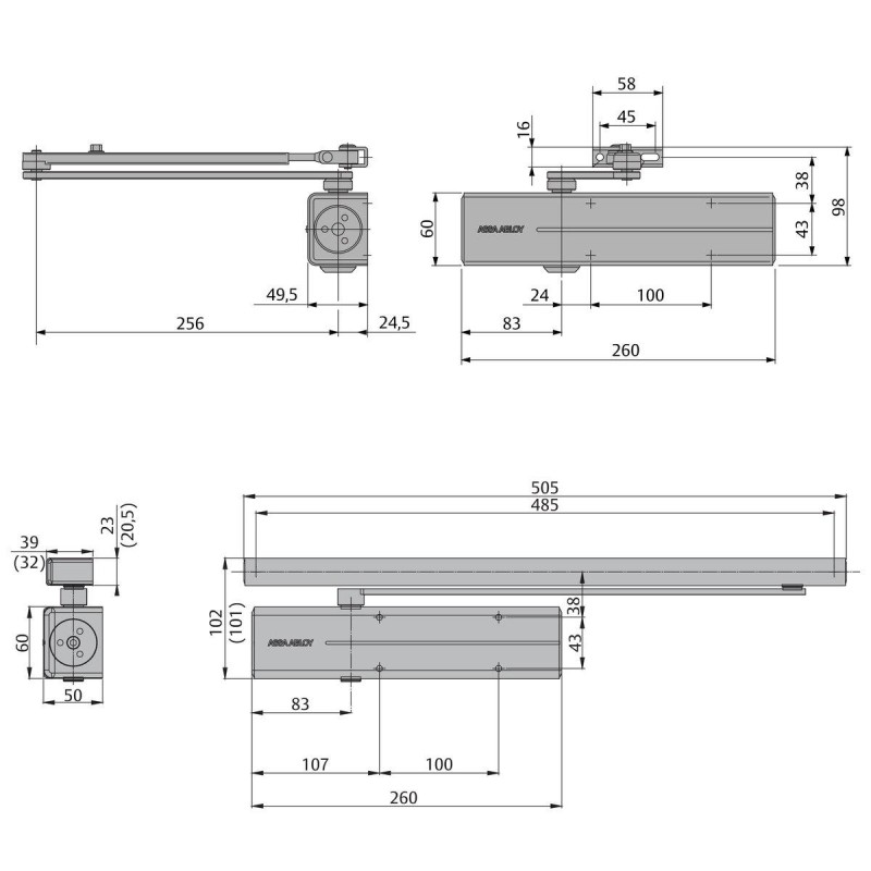 Samozamykacz do drzwi 120kg 140cm Assa Abloy DC300-D9016 z ramieniem DCL190-9016, biały